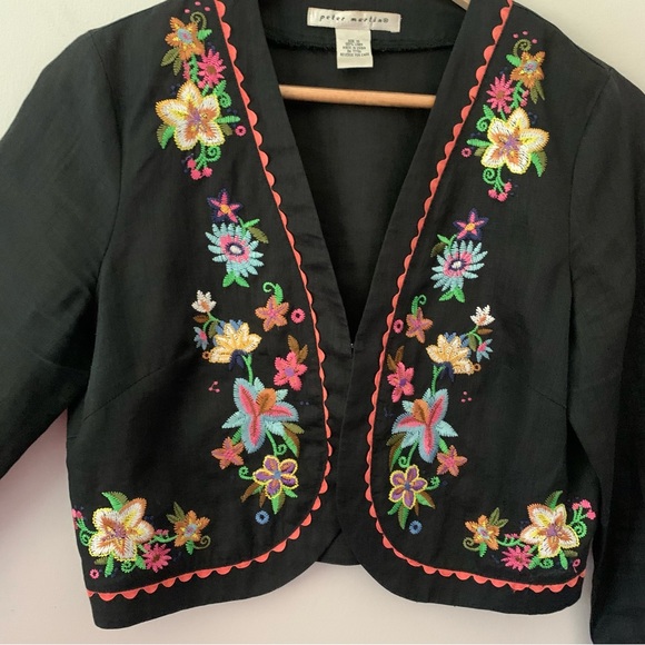 Peter Martin Black Linen Embroidered Floral Boho Short Open Jacket SZ 10 Cottage - Picture 3 of 13